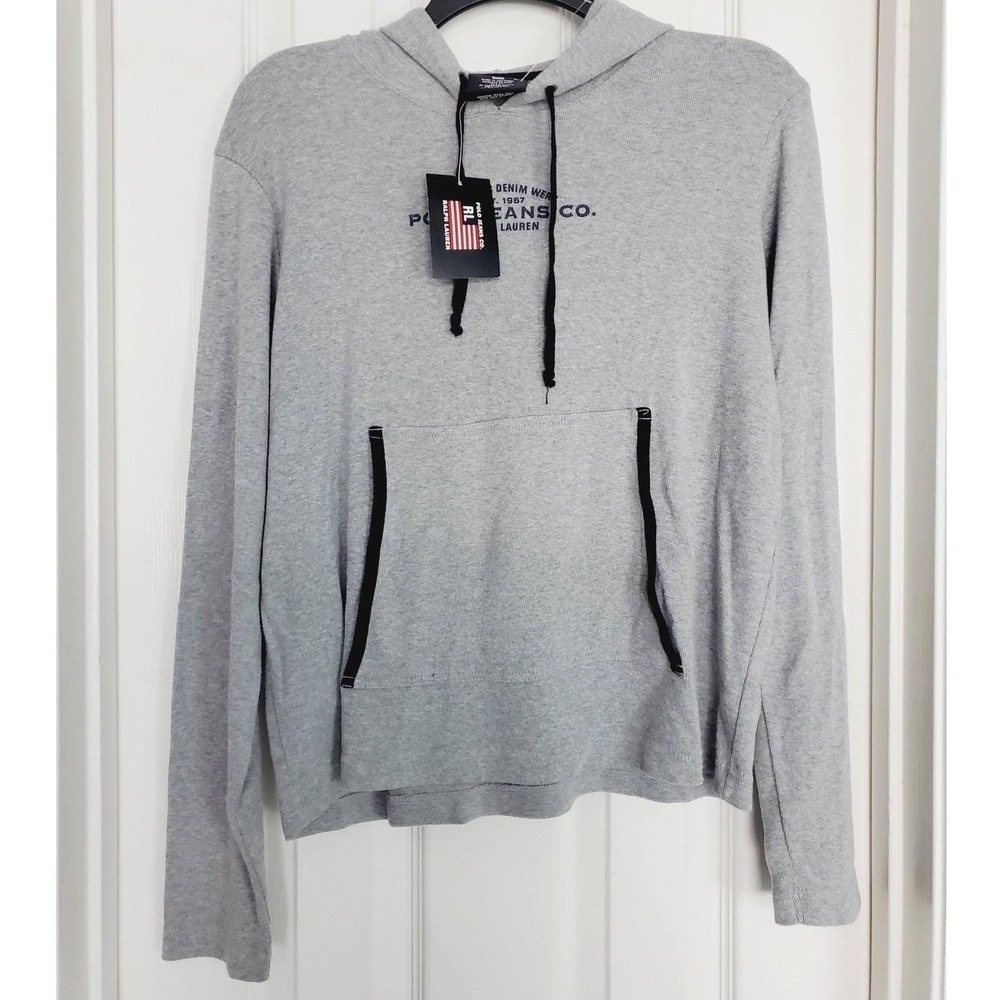 Vintage Polo Jeans Co Ralph Lauren Hoodie Grey Logo Pullover Sweatshirt M‎ NEW